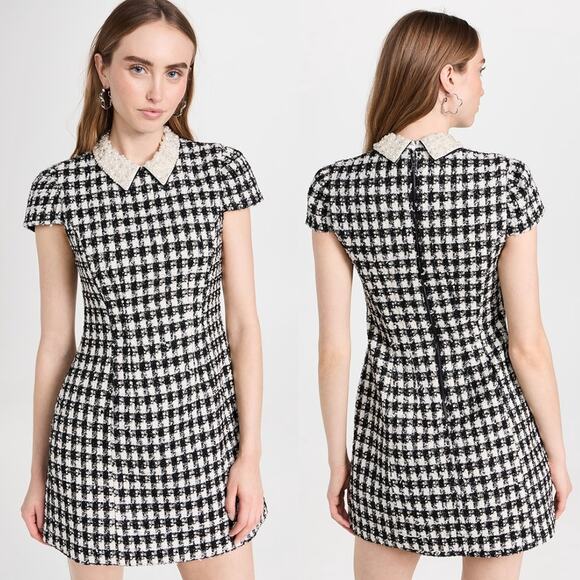 Alice + Olivia | Velia Tweed Mini Dress Black & Off White Crystal Pearl Collar 4 - Picture 1 of 16